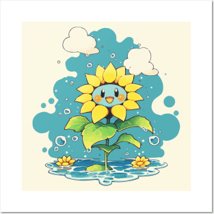 Cute sunflower under the rain Posters and Art